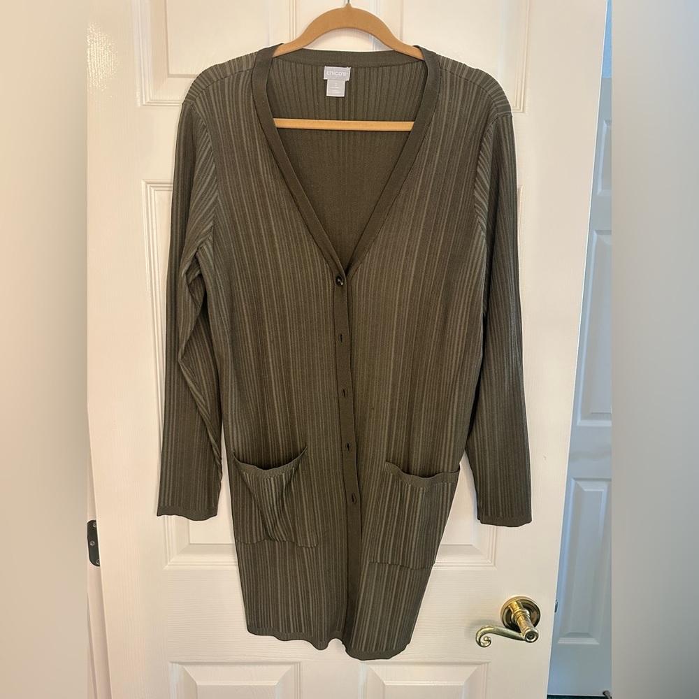 Chico's Olive Ribbed Open Cardigan